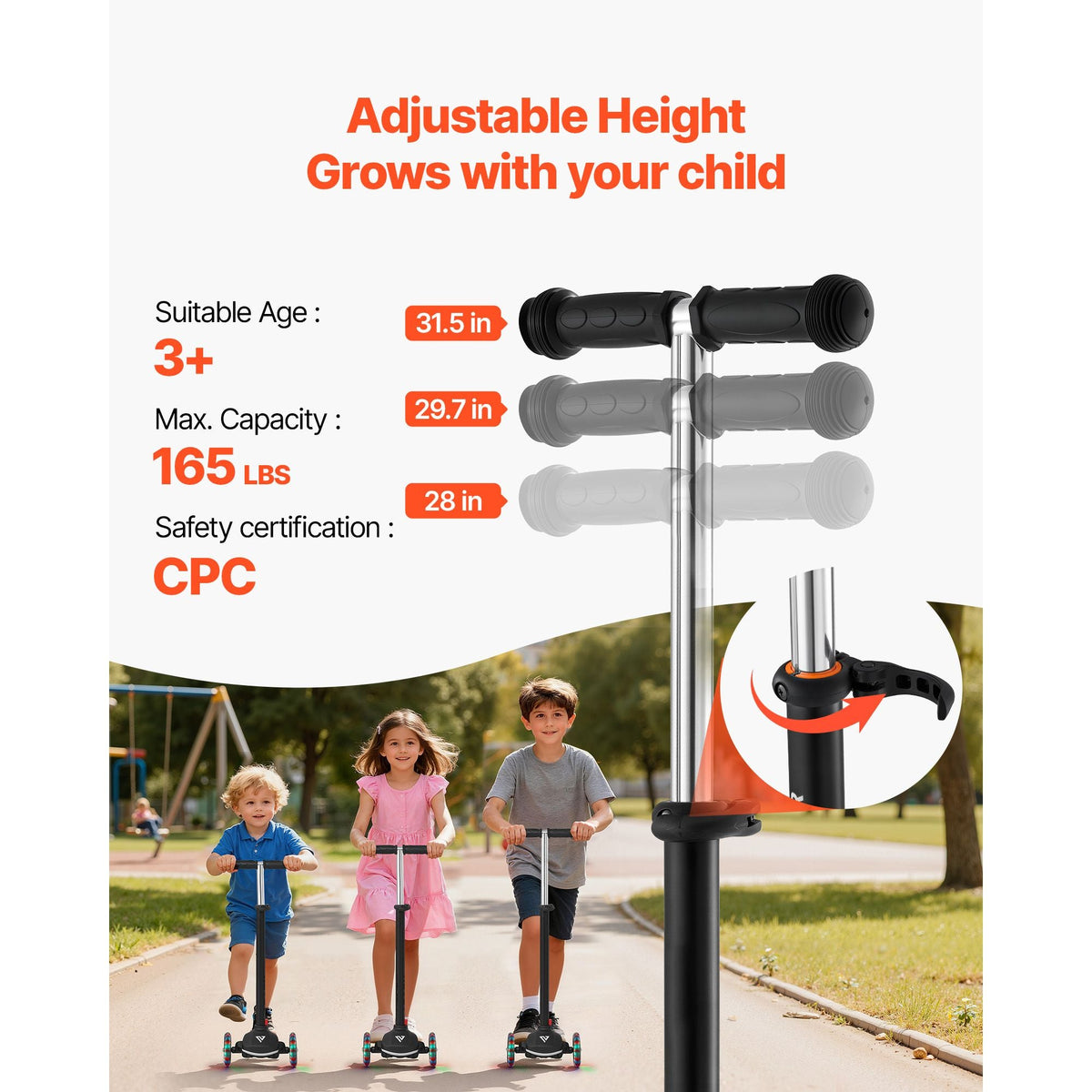 Kick Scooter for Kids Ages 3+, 3-Wheel Toddler Scooter with Light-Up Wheels, Adjustable Height Handlebar, Wide Anti-Slip Deck, Lightweight Aluminum Frame for Boys & Girls up to 165 lbs, Black