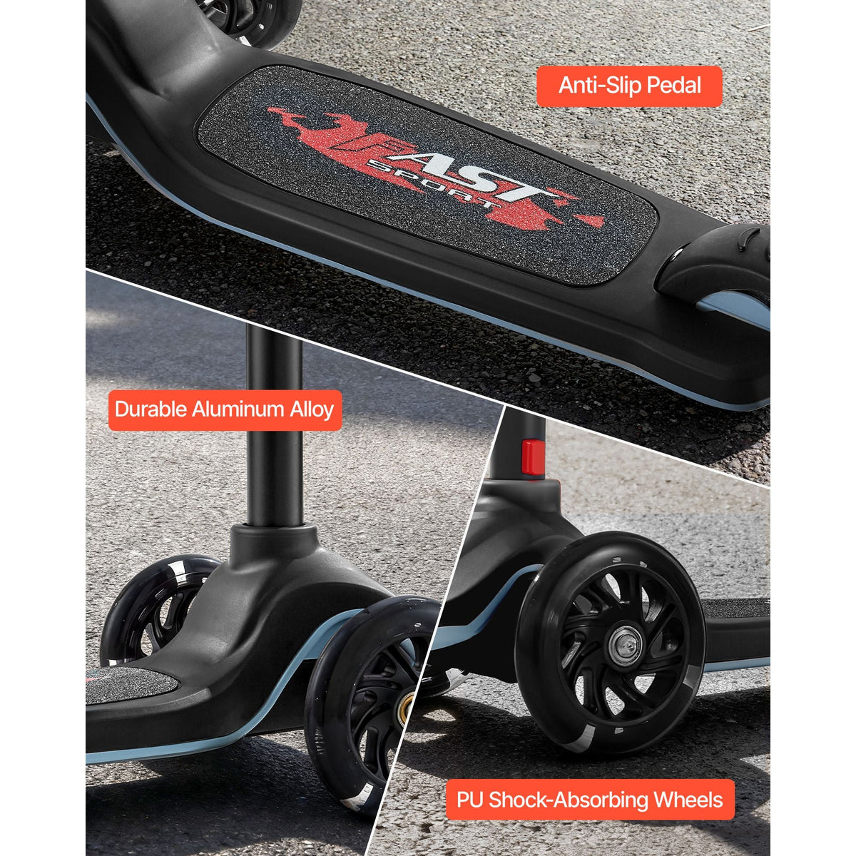 Kick Scooter for Kids Ages 3+, 3-Wheel Toddler Scooter with Light-Up Wheels, Adjustable Height Handlebar, Wide Anti-Slip Deck, Lightweight Aluminum Frame for Boys & Girls up to 165 lbs, Black