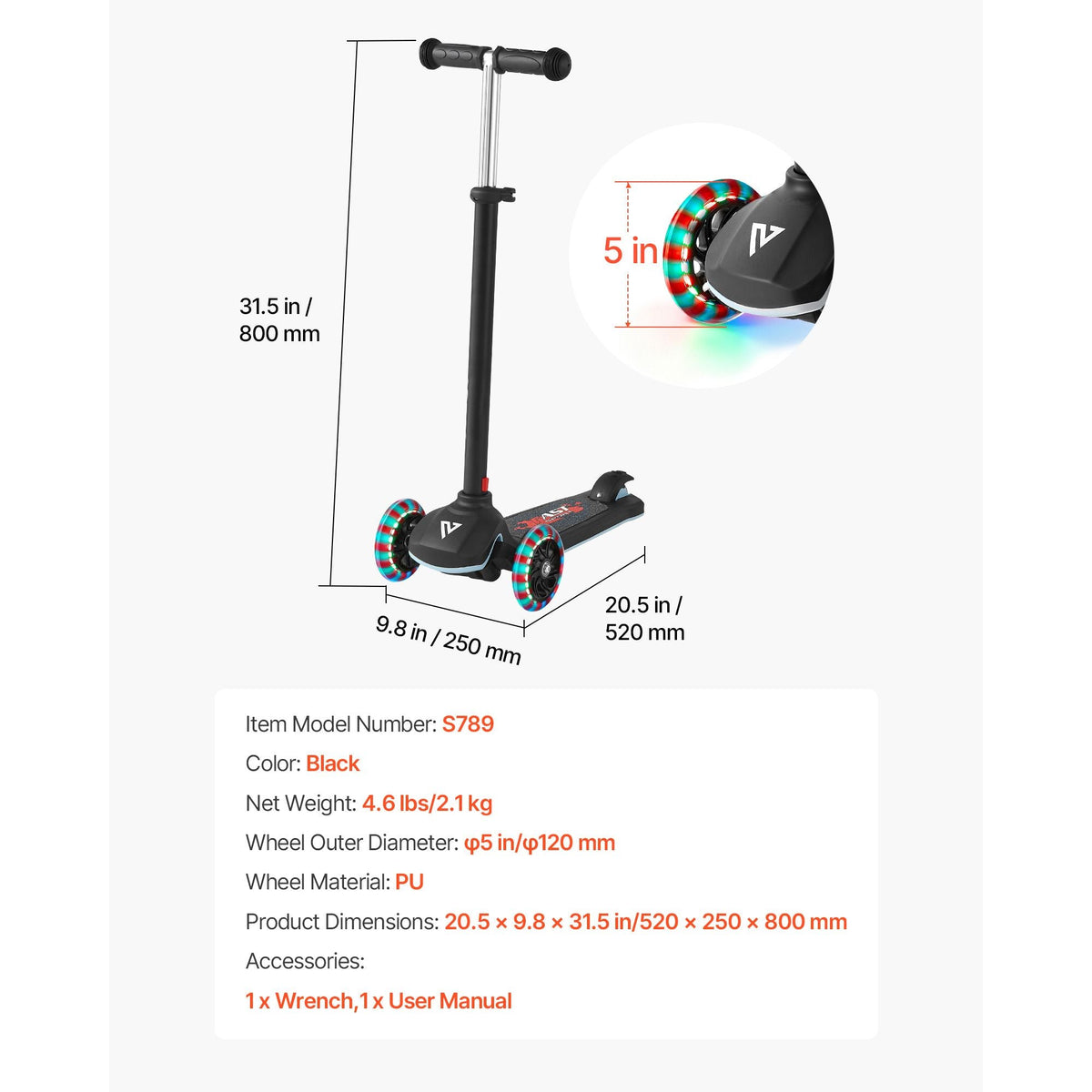 Kick Scooter for Kids Ages 3+, 3-Wheel Toddler Scooter with Light-Up Wheels, Adjustable Height Handlebar, Wide Anti-Slip Deck, Lightweight Aluminum Frame for Boys & Girls up to 165 lbs, Black