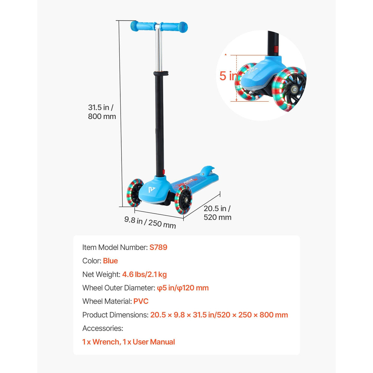 Kick Scooter for Kids Ages 3+, 3-Wheel Toddler Scooter with Light-Up Wheels, Adjustable Height Handlebar, Wide Anti-Slip Deck, Lightweight Aluminum Frame for Boys & Girls up to 165 lbs, Blue