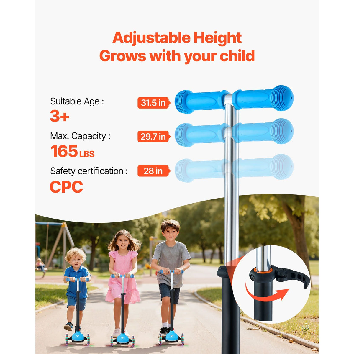 Kick Scooter for Kids Ages 3+, 3-Wheel Toddler Scooter with Light-Up Wheels, Adjustable Height Handlebar, Wide Anti-Slip Deck, Lightweight Aluminum Frame for Boys & Girls up to 165 lbs, Blue