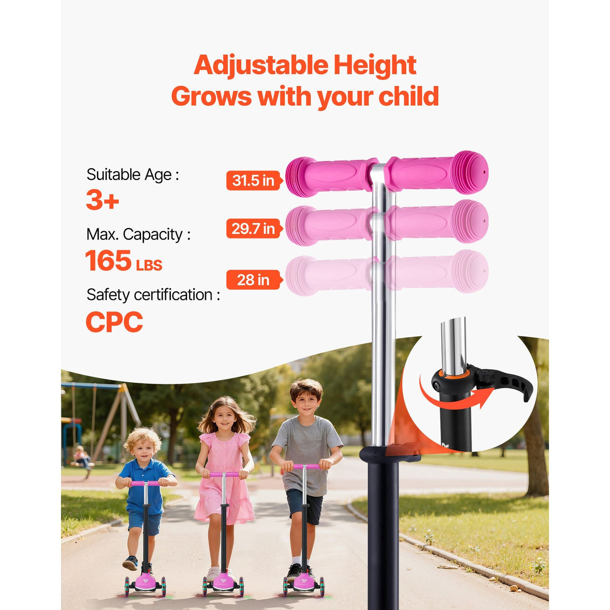 Kick Scooter for Kids Ages 3+, 3-Wheel Toddler Scooter with Light-Up Wheels, Adjustable Height Handlebar, Wide Anti-Slip Deck, Lightweight Aluminum Frame for Boys & Girls up to 165 lbs, Pink