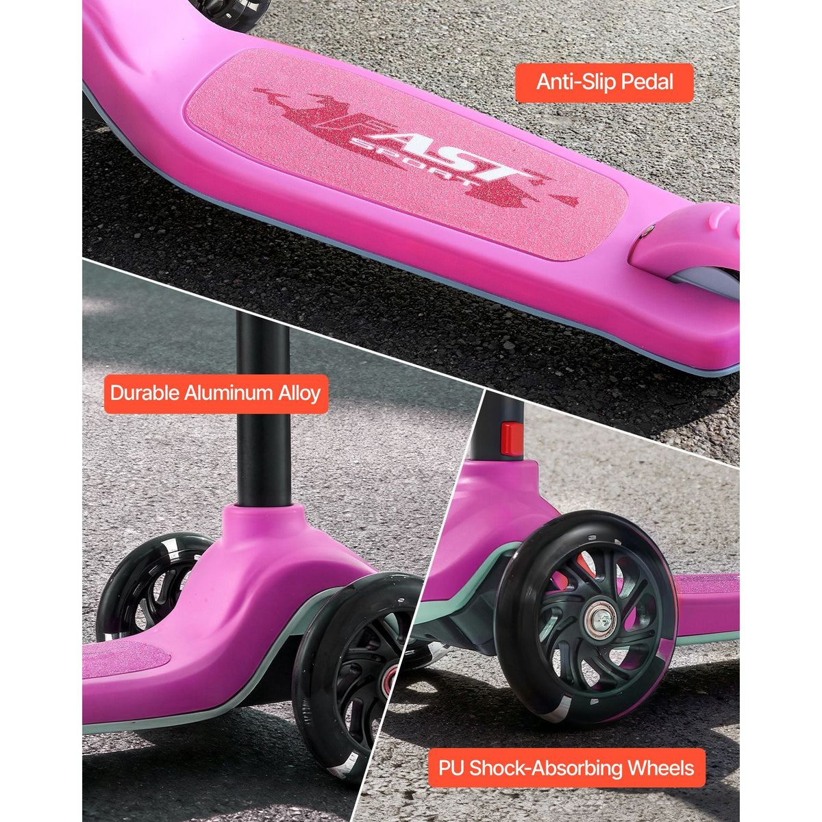 Kick Scooter for Kids Ages 3+, 3-Wheel Toddler Scooter with Light-Up Wheels, Adjustable Height Handlebar, Wide Anti-Slip Deck, Lightweight Aluminum Frame for Boys & Girls up to 165 lbs, Pink