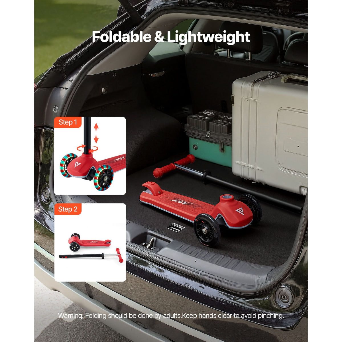 Kick Scooter for Kids Ages 3+, 3-Wheel Toddler Scooter with Light-Up Wheels, Adjustable Height Handlebar, Wide Anti-Slip Deck, Lightweight Aluminum Frame for Boys & Girls up to 165 lbs, Red