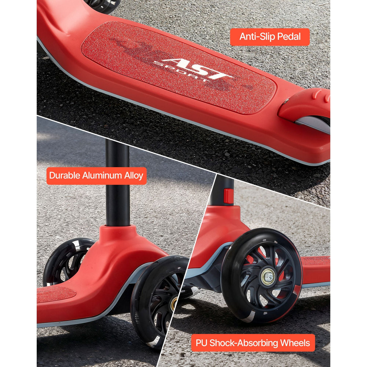 Kick Scooter for Kids Ages 3+, 3-Wheel Toddler Scooter with Light-Up Wheels, Adjustable Height Handlebar, Wide Anti-Slip Deck, Lightweight Aluminum Frame for Boys & Girls up to 165 lbs, Red