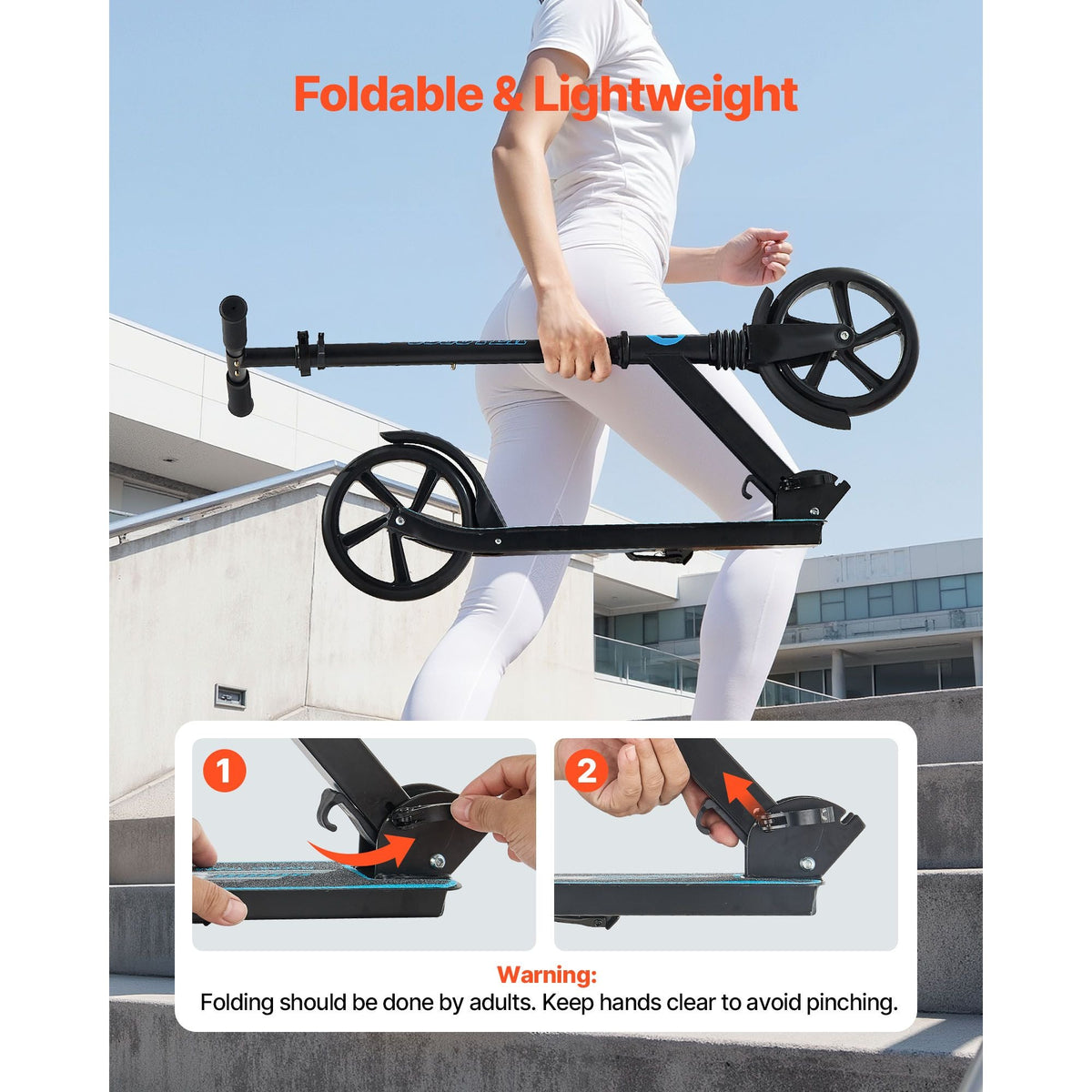 Kick Scooter for Kids Ages 8+, Teens & Adults, 2-Wheel Toddler Scooter with Adjustable Height Handlebar, Wide Anti-Slip Deck, Foldable Lightweight for Boys & Girls up to 220 lbs, Black + Blue