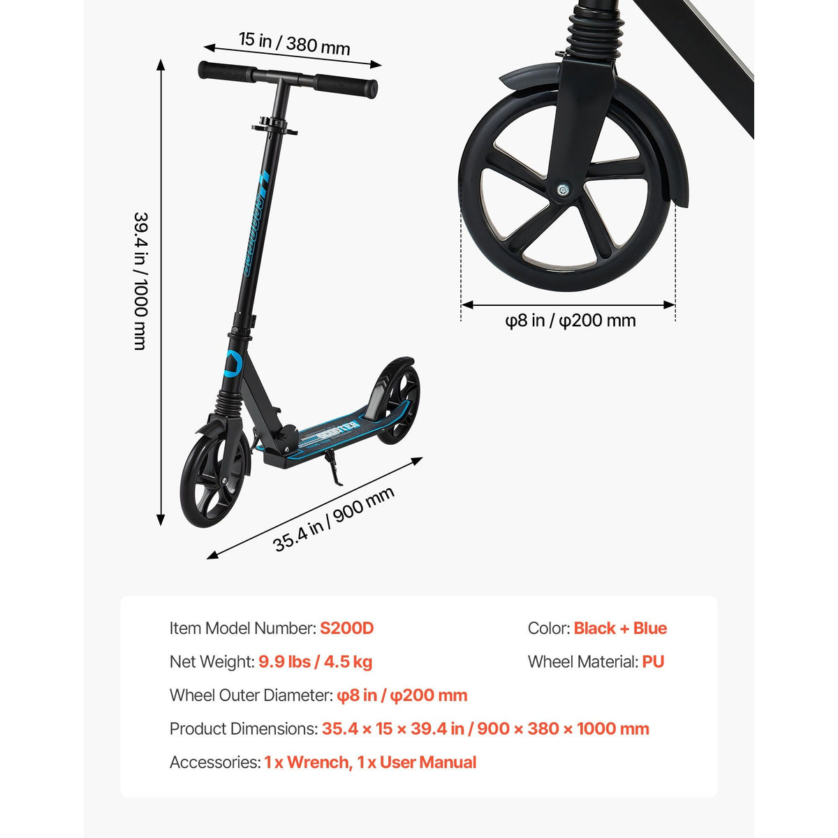 Kick Scooter for Kids Ages 8+, Teens & Adults, 2-Wheel Toddler Scooter with Adjustable Height Handlebar, Wide Anti-Slip Deck, Foldable Lightweight for Boys & Girls up to 220 lbs, Black + Blue