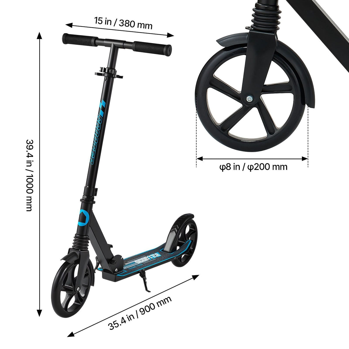 Kick Scooter for Kids Ages 8+, Teens & Adults, 2-Wheel Toddler Scooter with Adjustable Height Handlebar, Wide Anti-Slip Deck, Foldable Lightweight for Boys & Girls up to 220 lbs, Black + Blue