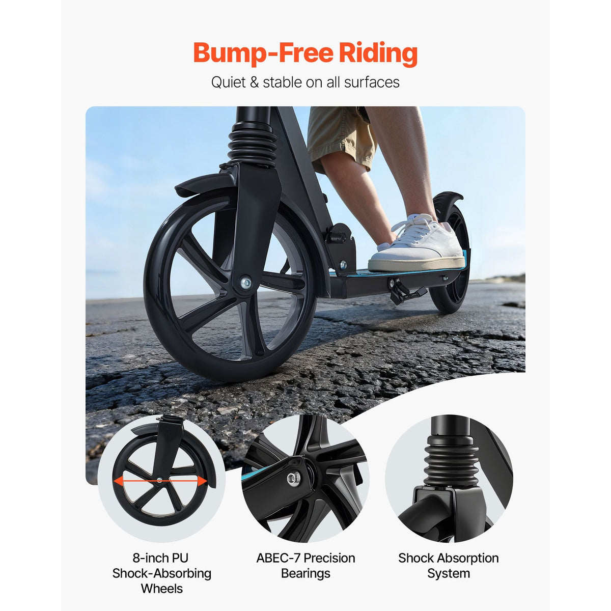 Kick Scooter for Kids Ages 8+, Teens & Adults, 2-Wheel Toddler Scooter with Adjustable Height Handlebar, Wide Anti-Slip Deck, Foldable Lightweight for Boys & Girls up to 220 lbs, Black + Blue