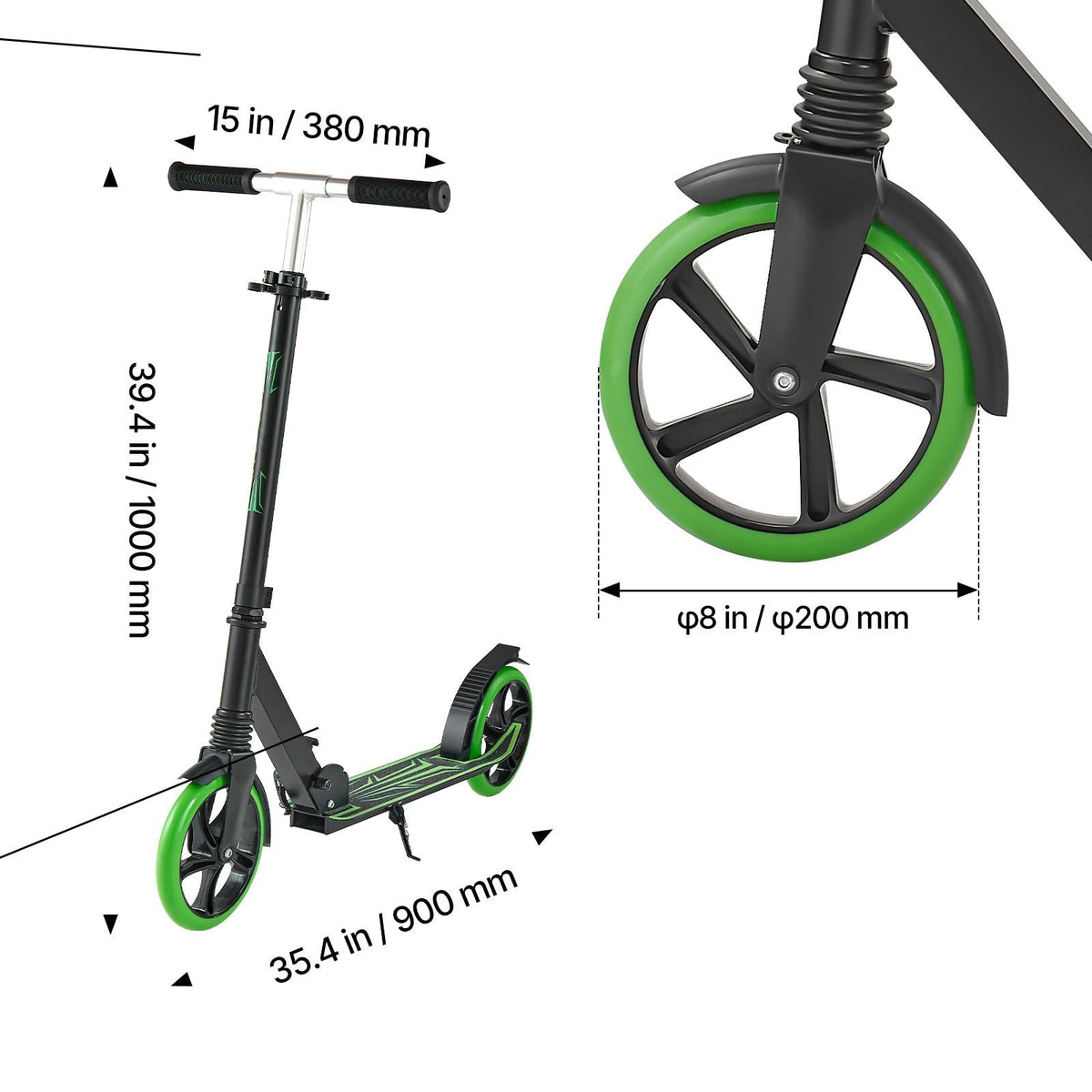 Kick Scooter for Kids Ages 8+, Teens & Adults, 2-Wheel Toddler Scooter with Adjustable Height Handlebar, Wide Anti-Slip Deck, Foldable Lightweight for Boys & Girls up to 220 lbs, Black + Green
