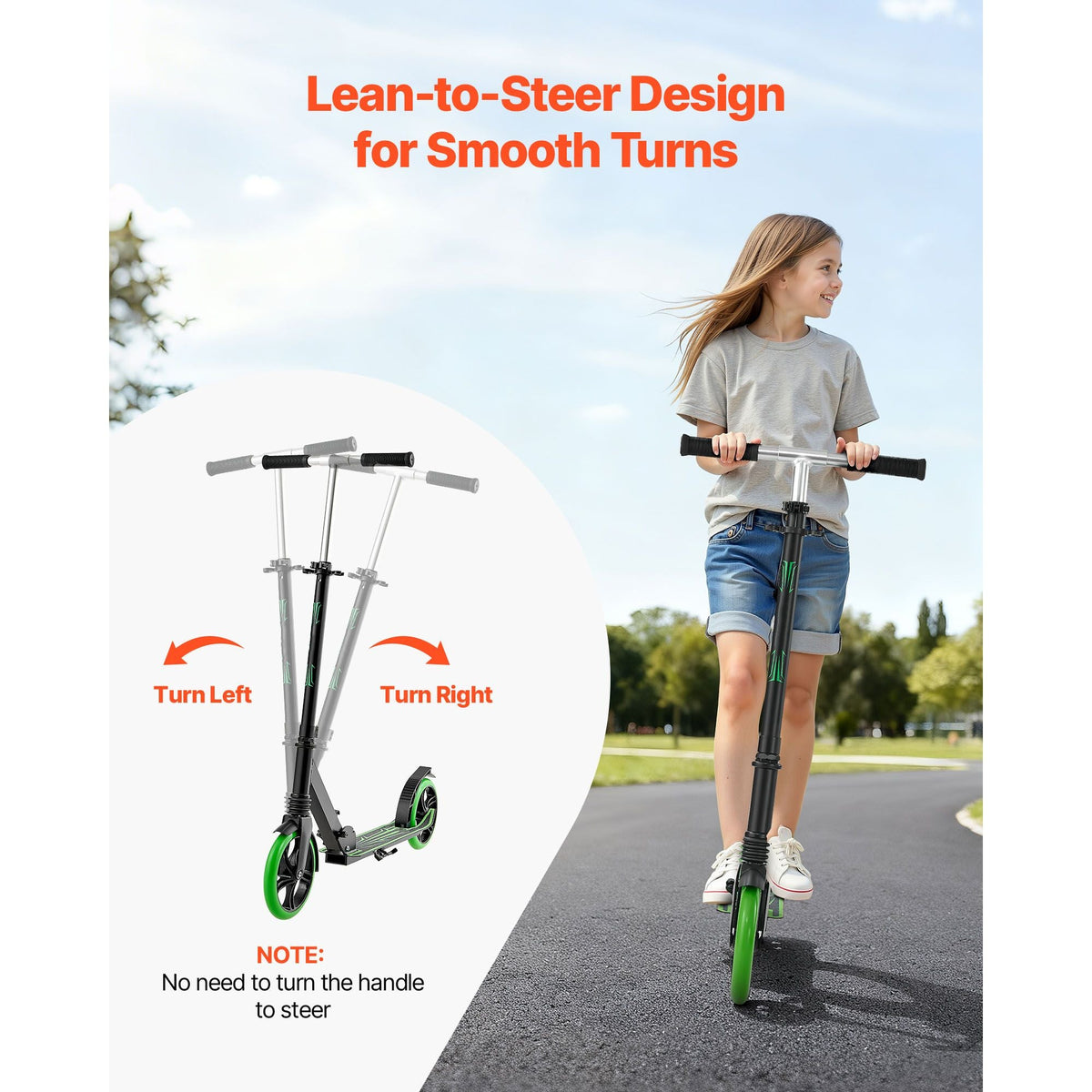 Kick Scooter for Kids Ages 8+, Teens & Adults, 2-Wheel Toddler Scooter with Adjustable Height Handlebar, Wide Anti-Slip Deck, Foldable Lightweight for Boys & Girls up to 220 lbs, Black + Green