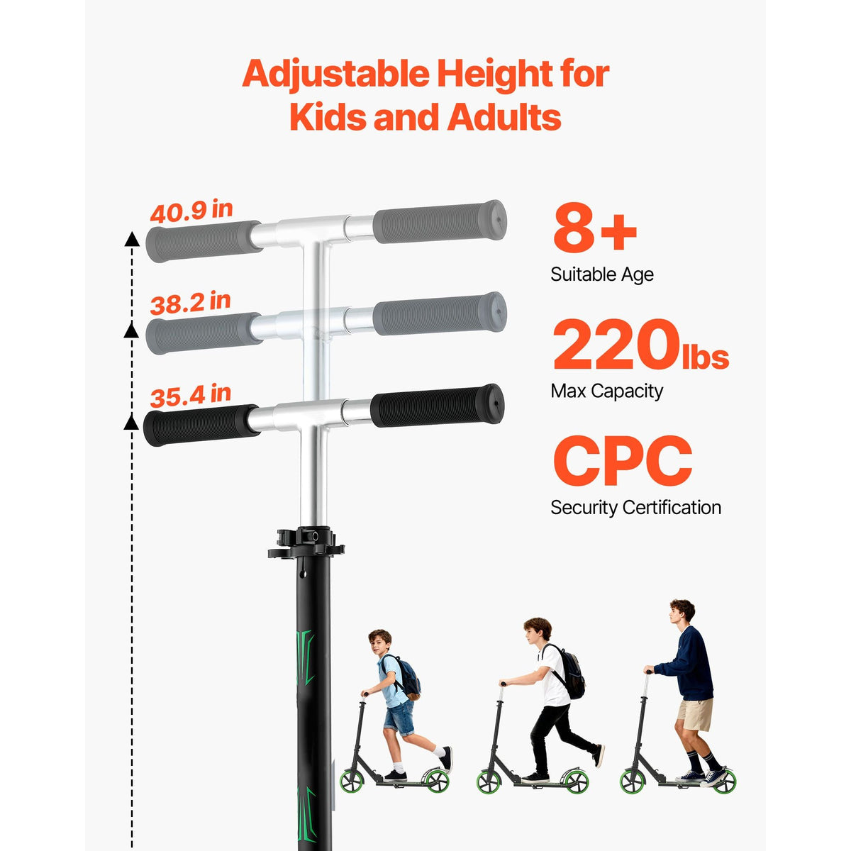 Kick Scooter for Kids Ages 8+, Teens & Adults, 2-Wheel Toddler Scooter with Adjustable Height Handlebar, Wide Anti-Slip Deck, Foldable Lightweight for Boys & Girls up to 220 lbs, Black + Green