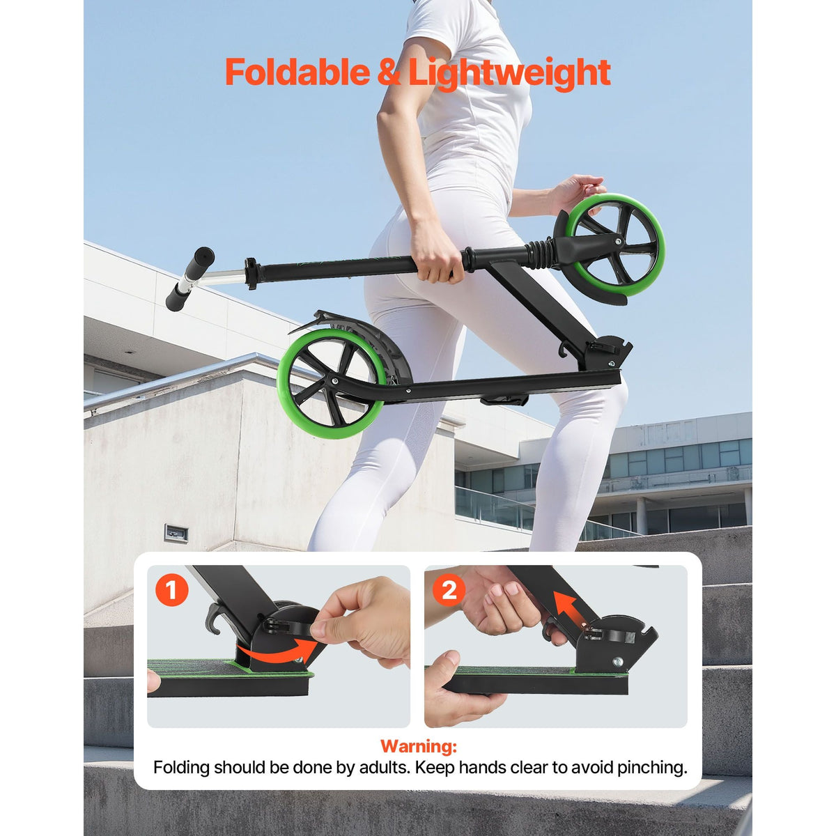 Kick Scooter for Kids Ages 8+, Teens & Adults, 2-Wheel Toddler Scooter with Adjustable Height Handlebar, Wide Anti-Slip Deck, Foldable Lightweight for Boys & Girls up to 220 lbs, Black + Green