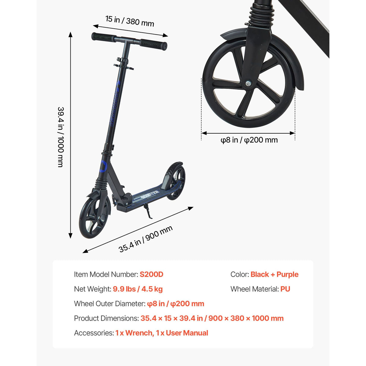 Kick Scooter for Kids Ages 8+, Teens & Adults, 2-Wheel Toddler Scooter with Adjustable Height Handlebar, Wide Anti-Slip Deck, Foldable Lightweight for Boys & Girls up to 220 lbs, Black + Purple