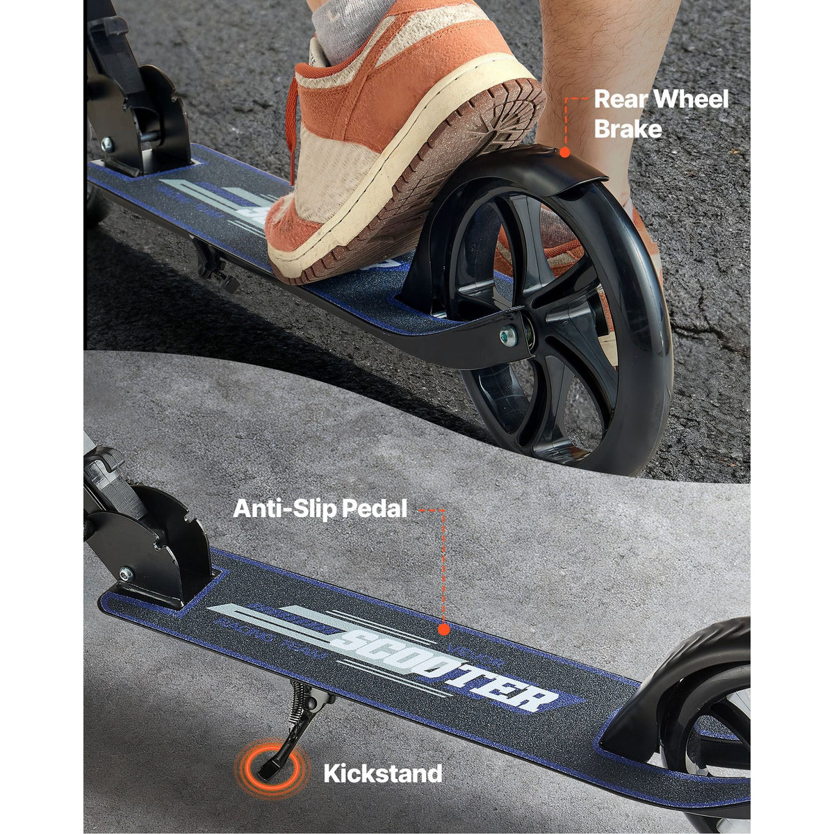 Kick Scooter for Kids Ages 8+, Teens & Adults, 2-Wheel Toddler Scooter with Adjustable Height Handlebar, Wide Anti-Slip Deck, Foldable Lightweight for Boys & Girls up to 220 lbs, Black + Purple