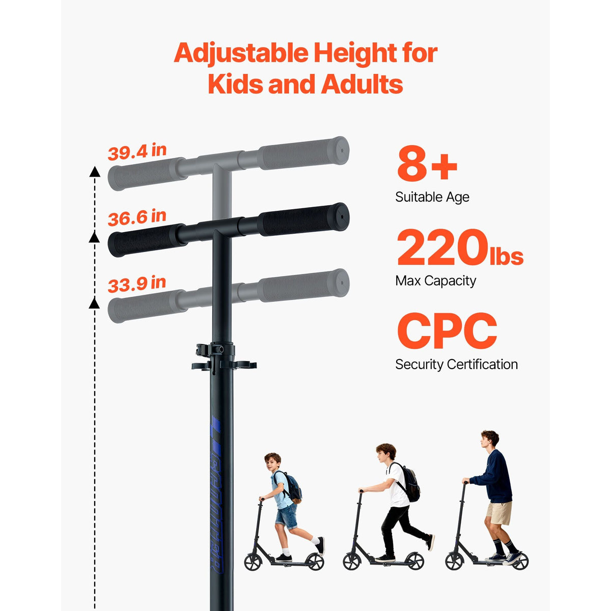 Kick Scooter for Kids Ages 8+, Teens & Adults, 2-Wheel Toddler Scooter with Adjustable Height Handlebar, Wide Anti-Slip Deck, Foldable Lightweight for Boys & Girls up to 220 lbs, Black + Purple
