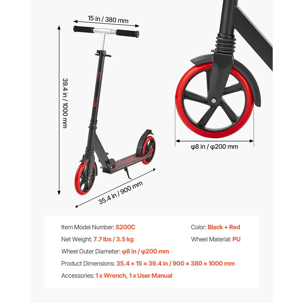 Kick Scooter for Kids Ages 8+, Teens & Adults, 2-Wheel Toddler Scooter with Adjustable Height Handlebar, Wide Anti-Slip Deck, Foldable Lightweight for Boys & Girls up to 220 lbs, Black + Red