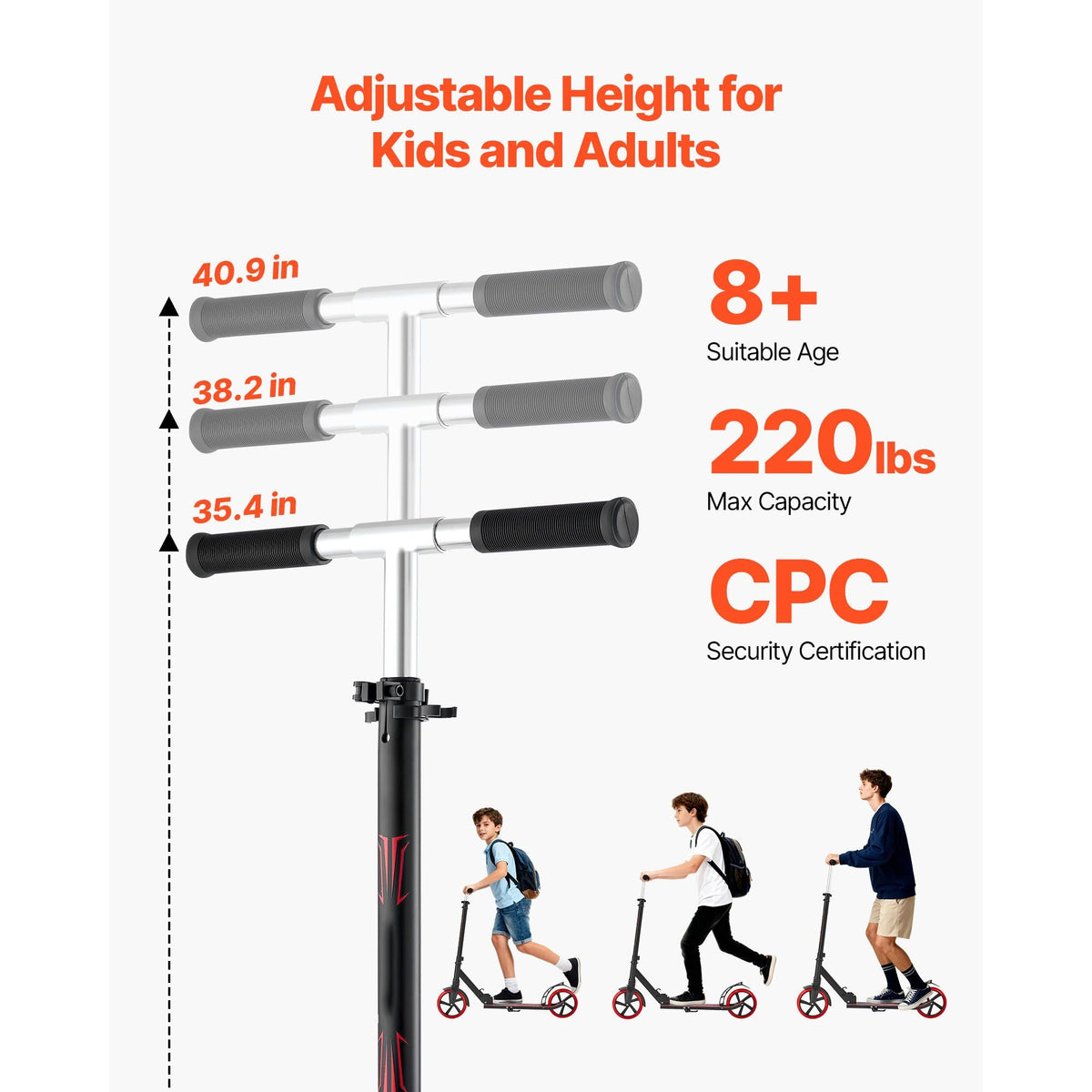 Kick Scooter for Kids Ages 8+, Teens & Adults, 2-Wheel Toddler Scooter with Adjustable Height Handlebar, Wide Anti-Slip Deck, Foldable Lightweight for Boys & Girls up to 220 lbs, Black + Red