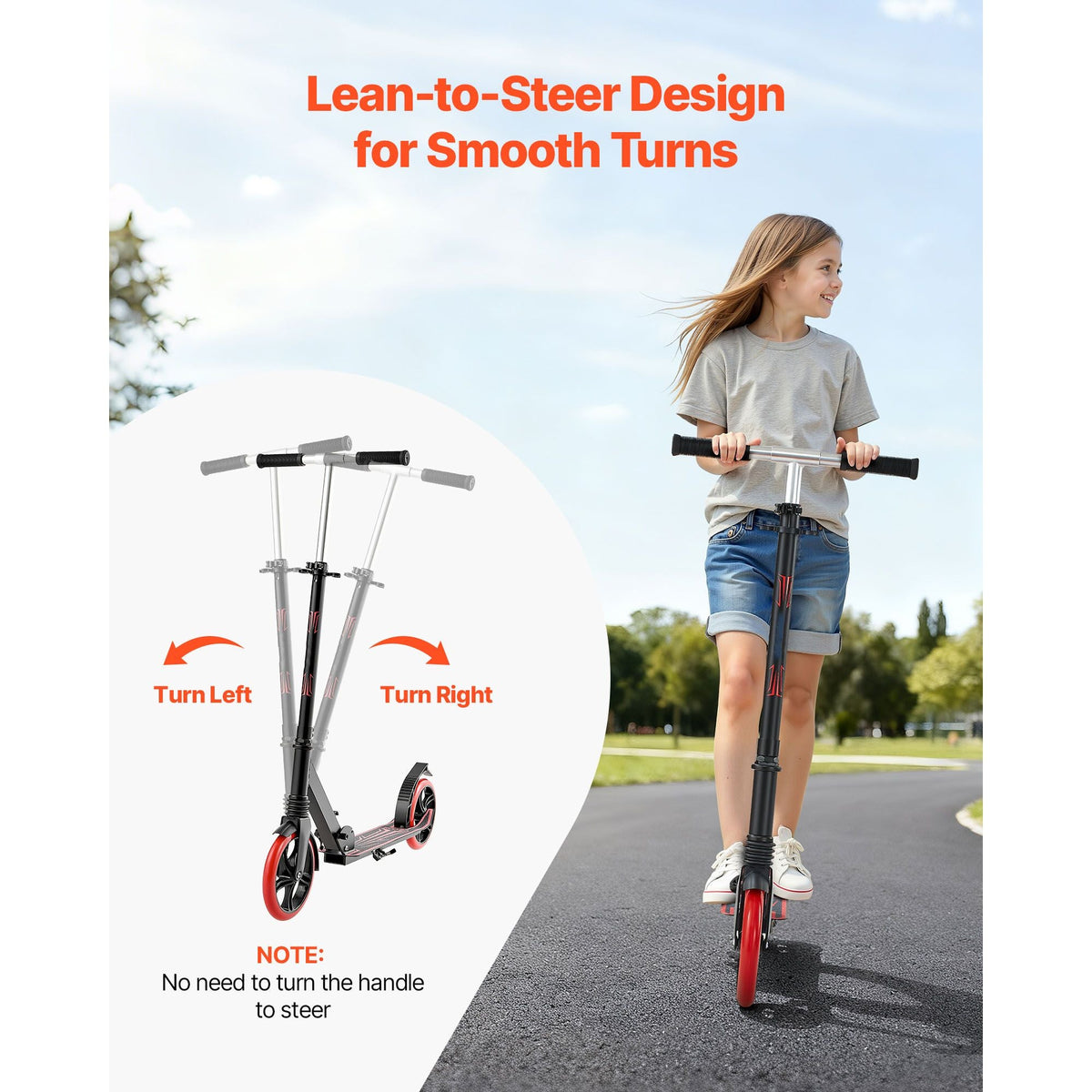 Kick Scooter for Kids Ages 8+, Teens & Adults, 2-Wheel Toddler Scooter with Adjustable Height Handlebar, Wide Anti-Slip Deck, Foldable Lightweight for Boys & Girls up to 220 lbs, Black + Red