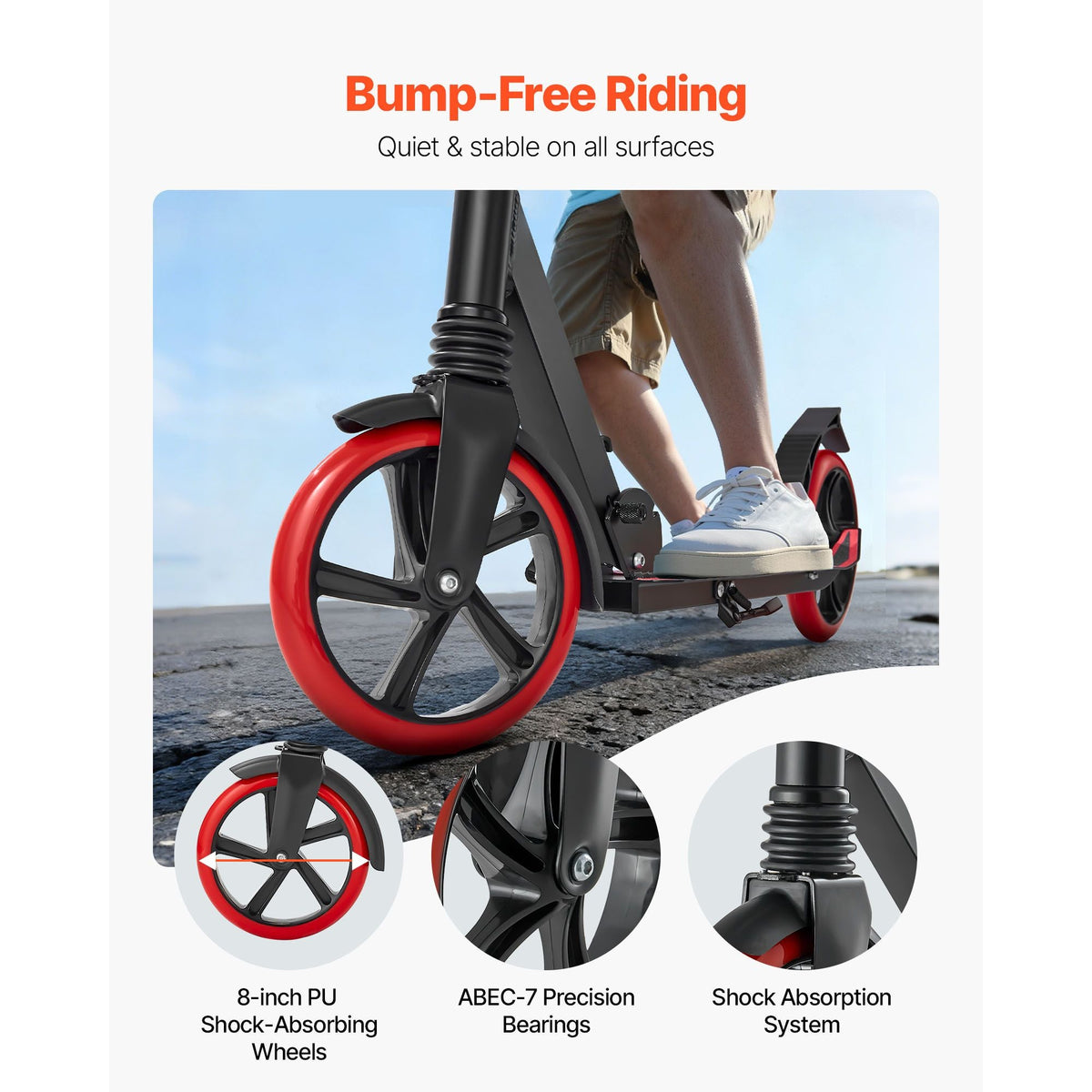 Kick Scooter for Kids Ages 8+, Teens & Adults, 2-Wheel Toddler Scooter with Adjustable Height Handlebar, Wide Anti-Slip Deck, Foldable Lightweight for Boys & Girls up to 220 lbs, Black + Red