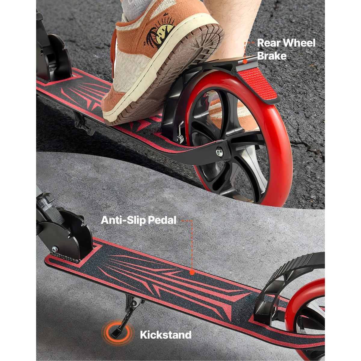 Kick Scooter for Kids Ages 8+, Teens & Adults, 2-Wheel Toddler Scooter with Adjustable Height Handlebar, Wide Anti-Slip Deck, Foldable Lightweight for Boys & Girls up to 220 lbs, Black + Red