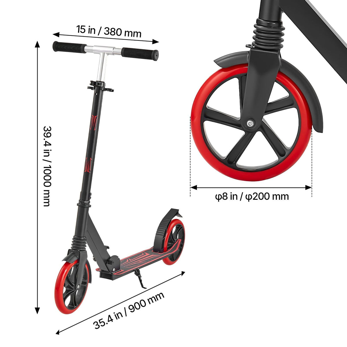 Kick Scooter for Kids Ages 8+, Teens & Adults, 2-Wheel Toddler Scooter with Adjustable Height Handlebar, Wide Anti-Slip Deck, Foldable Lightweight for Boys & Girls up to 220 lbs, Black + Red