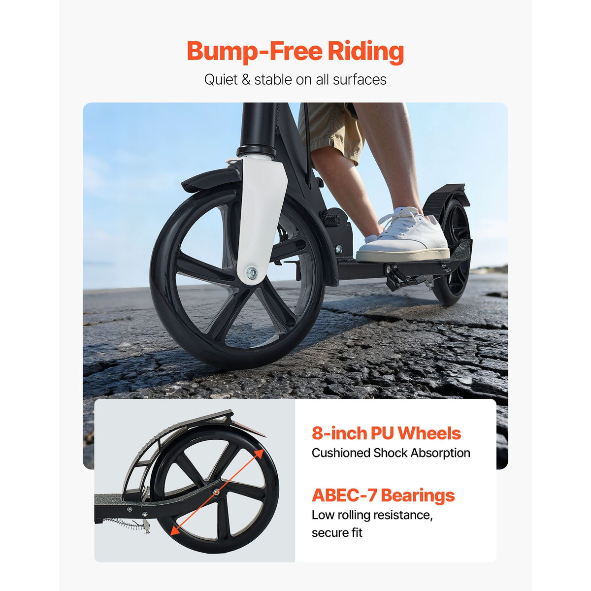 Kick Scooter for Kids Ages 8+, Teens & Adults, 2-Wheel Toddler Scooter with Adjustable Height Handlebar, Wide Anti-Slip Deck, Foldable Lightweight for Boys & Girls up to 220 lbs, Black + Silver