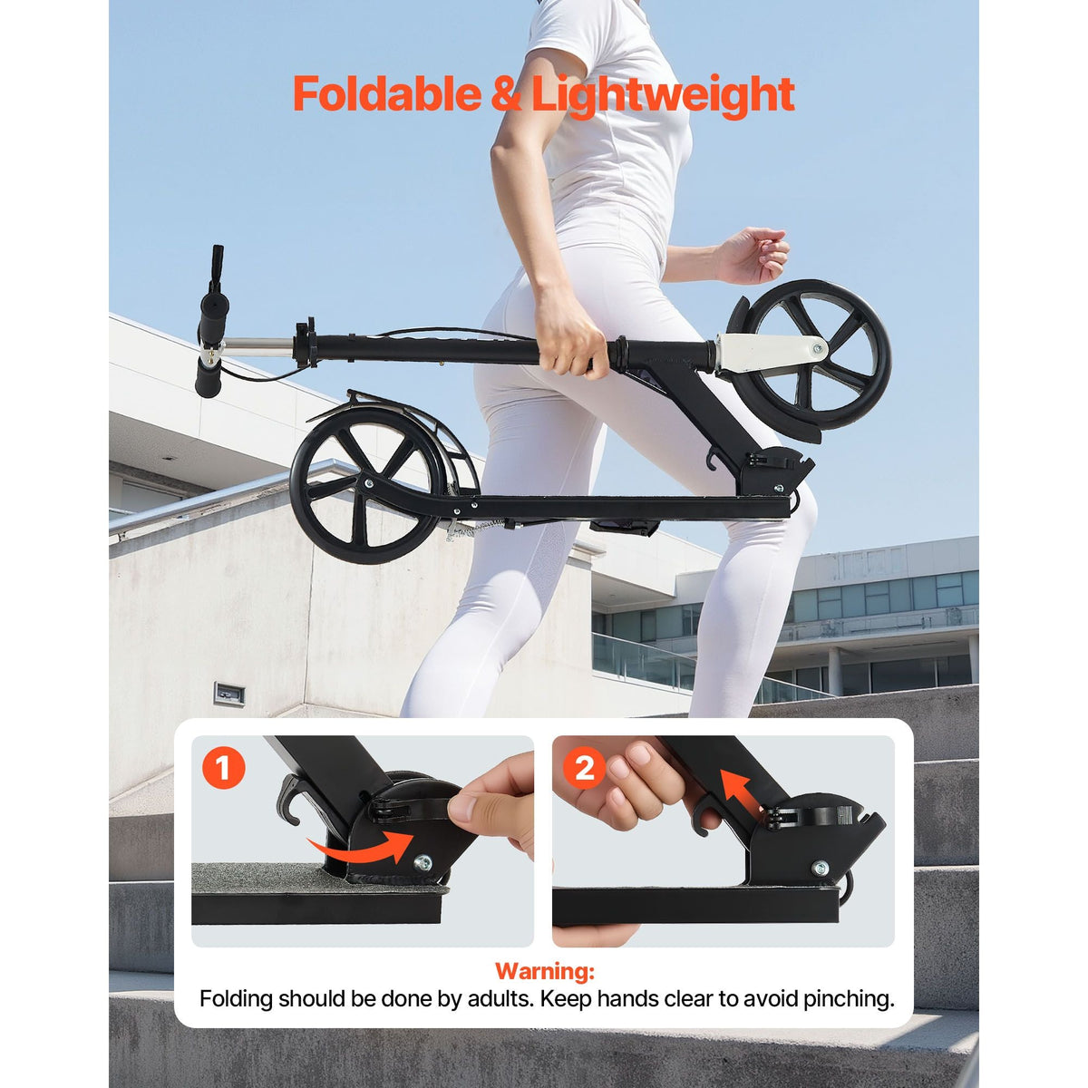 Kick Scooter for Kids Ages 8+, Teens & Adults, 2-Wheel Toddler Scooter with Adjustable Height Handlebar, Wide Anti-Slip Deck, Foldable Lightweight for Boys & Girls up to 220 lbs, Black + Silver