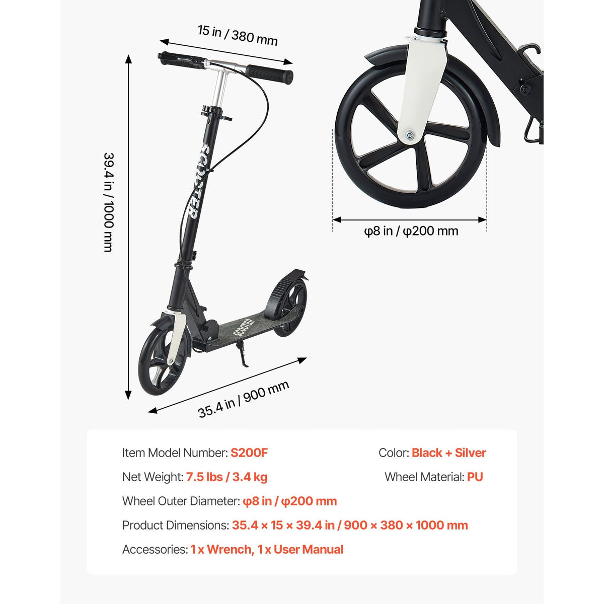 Kick Scooter for Kids Ages 8+, Teens & Adults, 2-Wheel Toddler Scooter with Adjustable Height Handlebar, Wide Anti-Slip Deck, Foldable Lightweight for Boys & Girls up to 220 lbs, Black + Silver