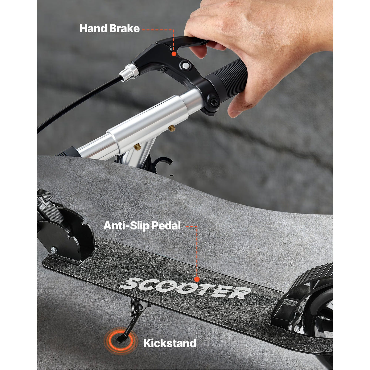 Kick Scooter for Kids Ages 8+, Teens & Adults, 2-Wheel Toddler Scooter with Adjustable Height Handlebar, Wide Anti-Slip Deck, Foldable Lightweight for Boys & Girls up to 220 lbs, Black + Silver