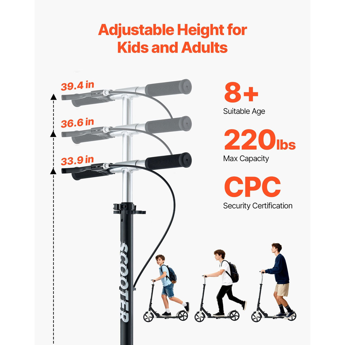Kick Scooter for Kids Ages 8+, Teens & Adults, 2-Wheel Toddler Scooter with Adjustable Height Handlebar, Wide Anti-Slip Deck, Foldable Lightweight for Boys & Girls up to 220 lbs, Black + Silver