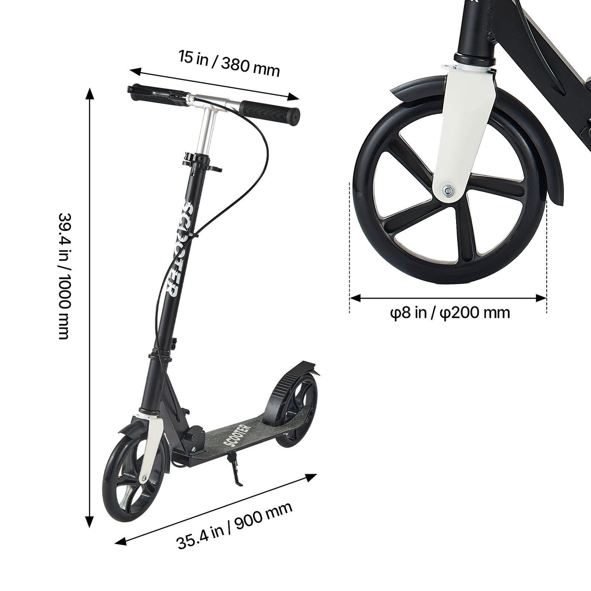 Kick Scooter for Kids Ages 8+, Teens & Adults, 2-Wheel Toddler Scooter with Adjustable Height Handlebar, Wide Anti-Slip Deck, Foldable Lightweight for Boys & Girls up to 220 lbs, Black + Silver