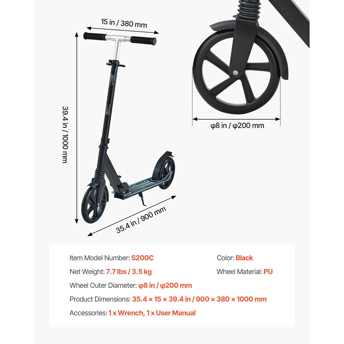 Kick Scooter for Kids Ages 8+, Teens & Adults, 2-Wheel Toddler Scooter with Adjustable Height Handlebar, Wide Anti-Slip Deck, Foldable Lightweight Frame for Boys & Girls up to 220 lbs, Black