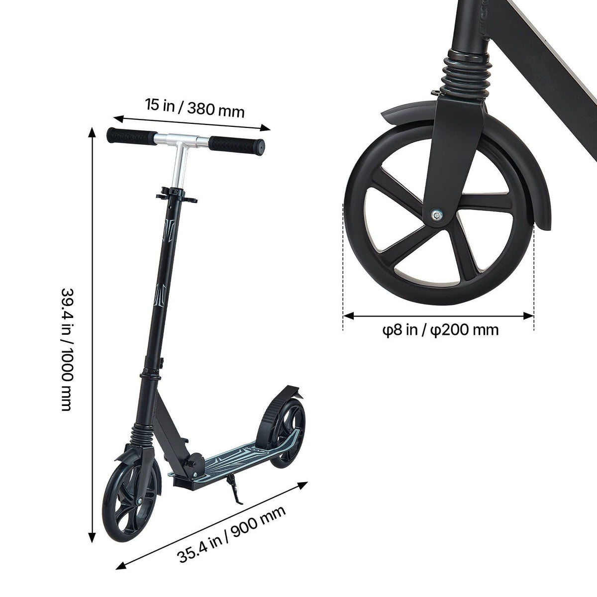 Kick Scooter for Kids Ages 8+, Teens & Adults, 2-Wheel Toddler Scooter with Adjustable Height Handlebar, Wide Anti-Slip Deck, Foldable Lightweight Frame for Boys & Girls up to 220 lbs, Black