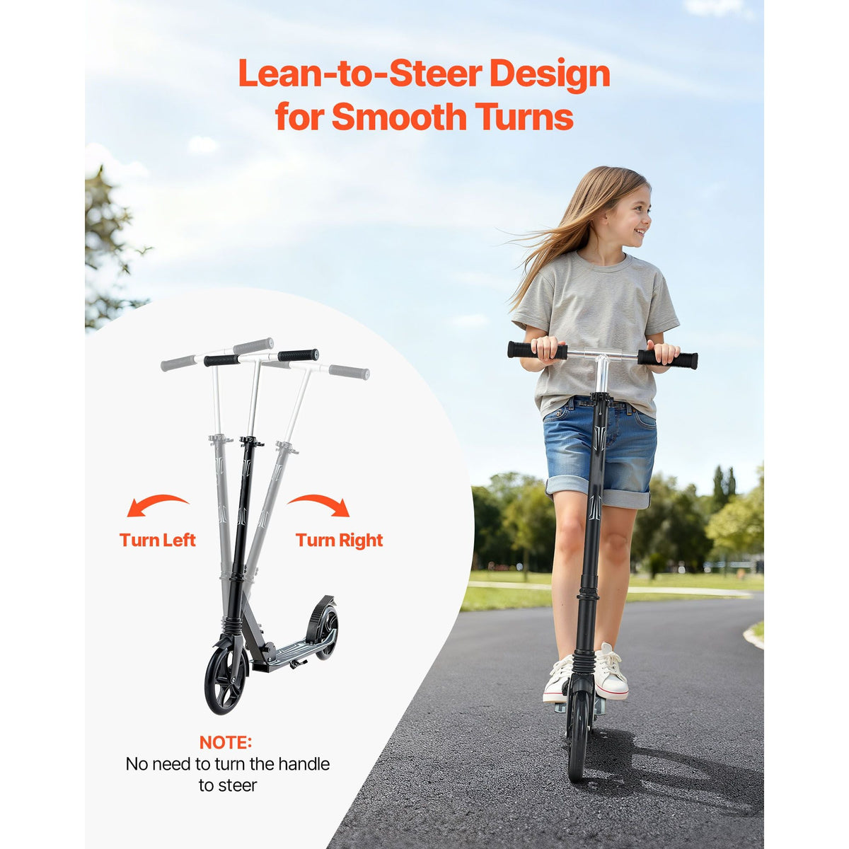 Kick Scooter for Kids Ages 8+, Teens & Adults, 2-Wheel Toddler Scooter with Adjustable Height Handlebar, Wide Anti-Slip Deck, Foldable Lightweight Frame for Boys & Girls up to 220 lbs, Black