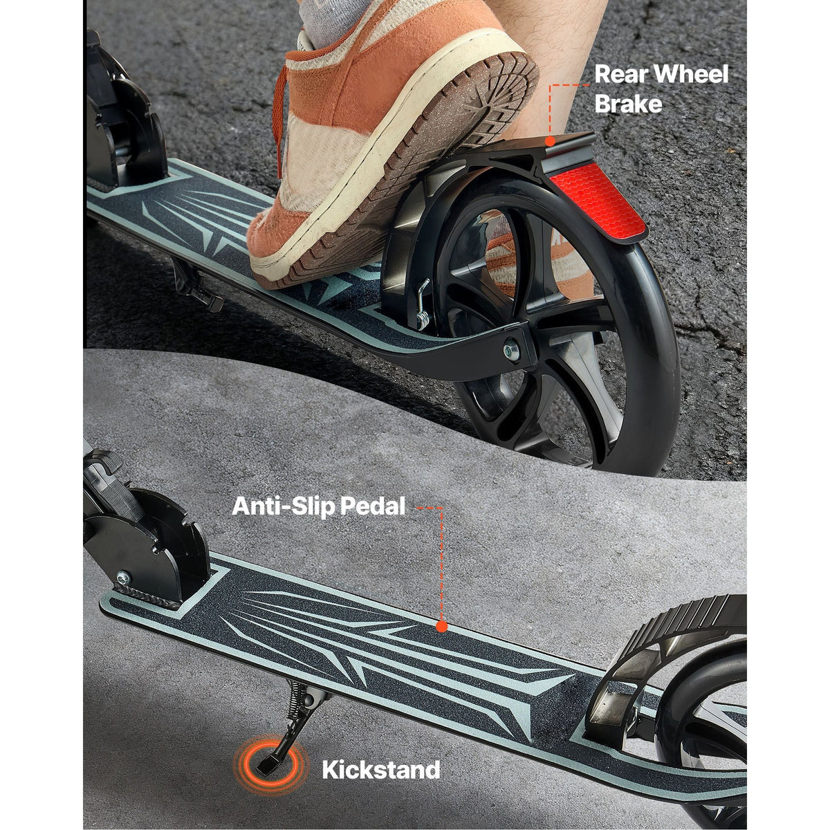 Kick Scooter for Kids Ages 8+, Teens & Adults, 2-Wheel Toddler Scooter with Adjustable Height Handlebar, Wide Anti-Slip Deck, Foldable Lightweight Frame for Boys & Girls up to 220 lbs, Black