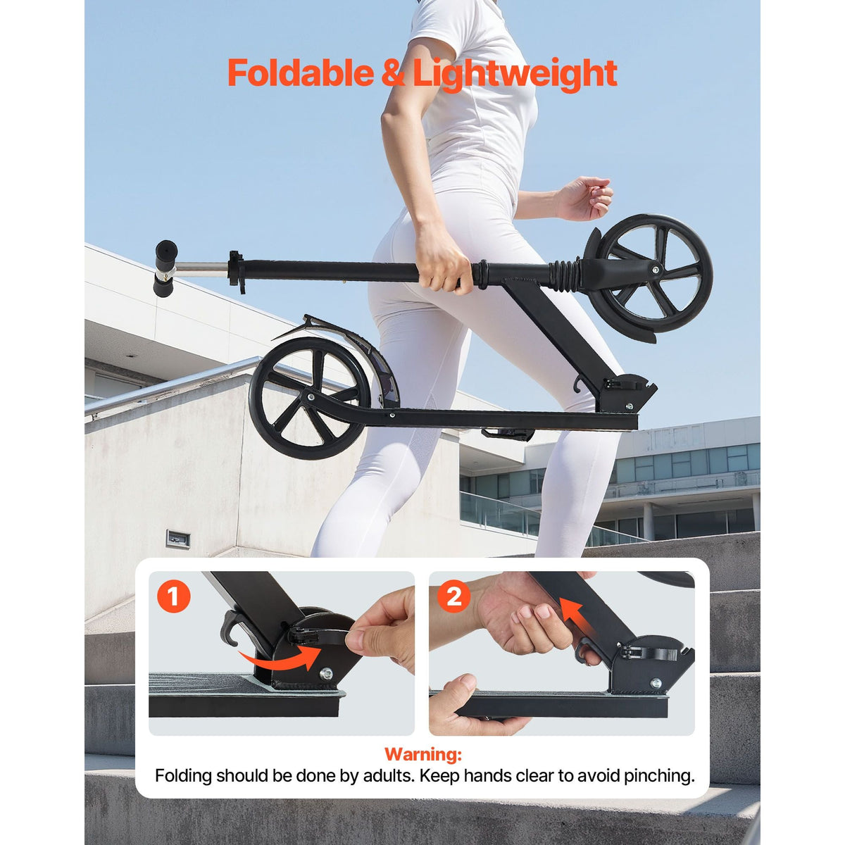 Kick Scooter for Kids Ages 8+, Teens & Adults, 2-Wheel Toddler Scooter with Adjustable Height Handlebar, Wide Anti-Slip Deck, Foldable Lightweight Frame for Boys & Girls up to 220 lbs, Black