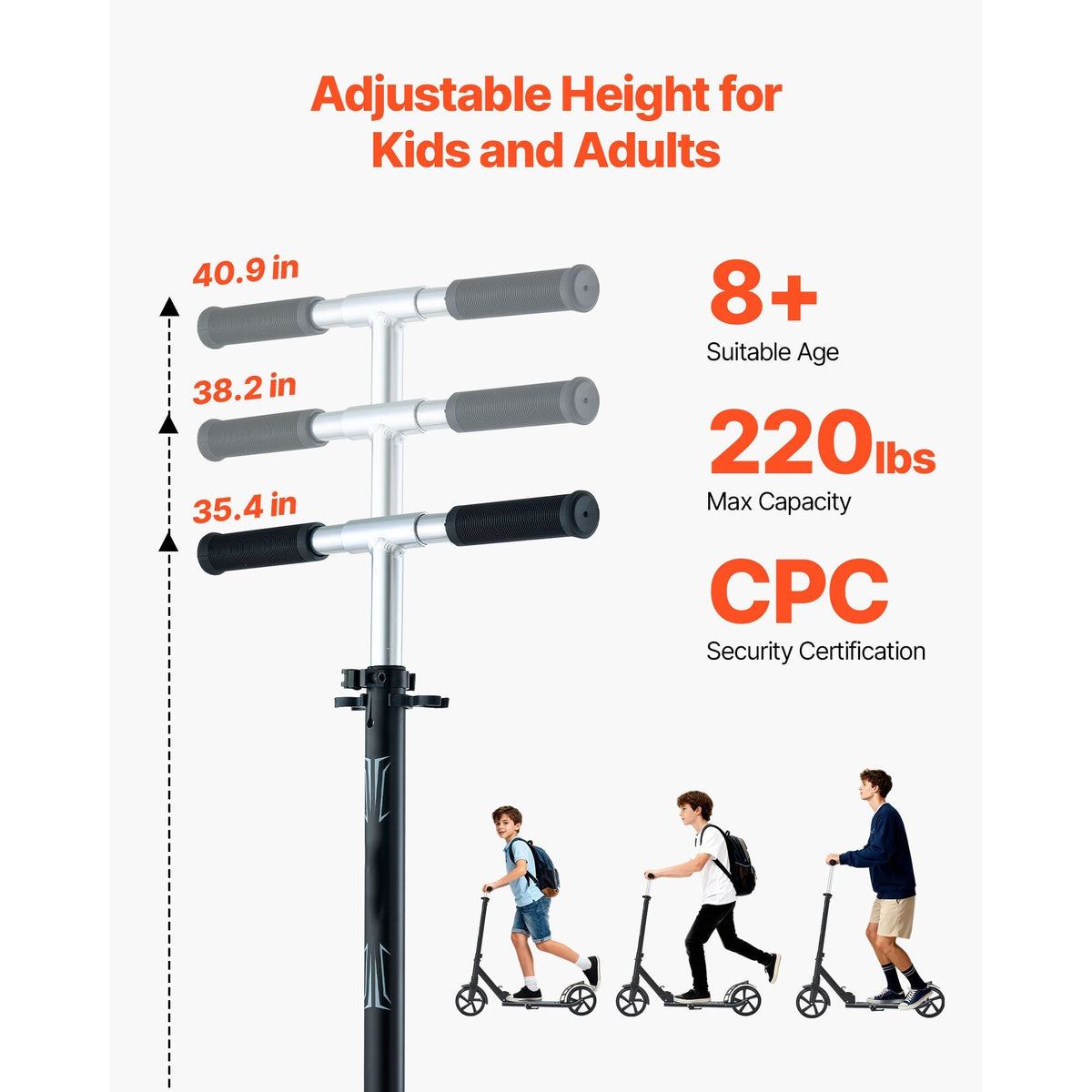 Kick Scooter for Kids Ages 8+, Teens & Adults, 2-Wheel Toddler Scooter with Adjustable Height Handlebar, Wide Anti-Slip Deck, Foldable Lightweight Frame for Boys & Girls up to 220 lbs, Black