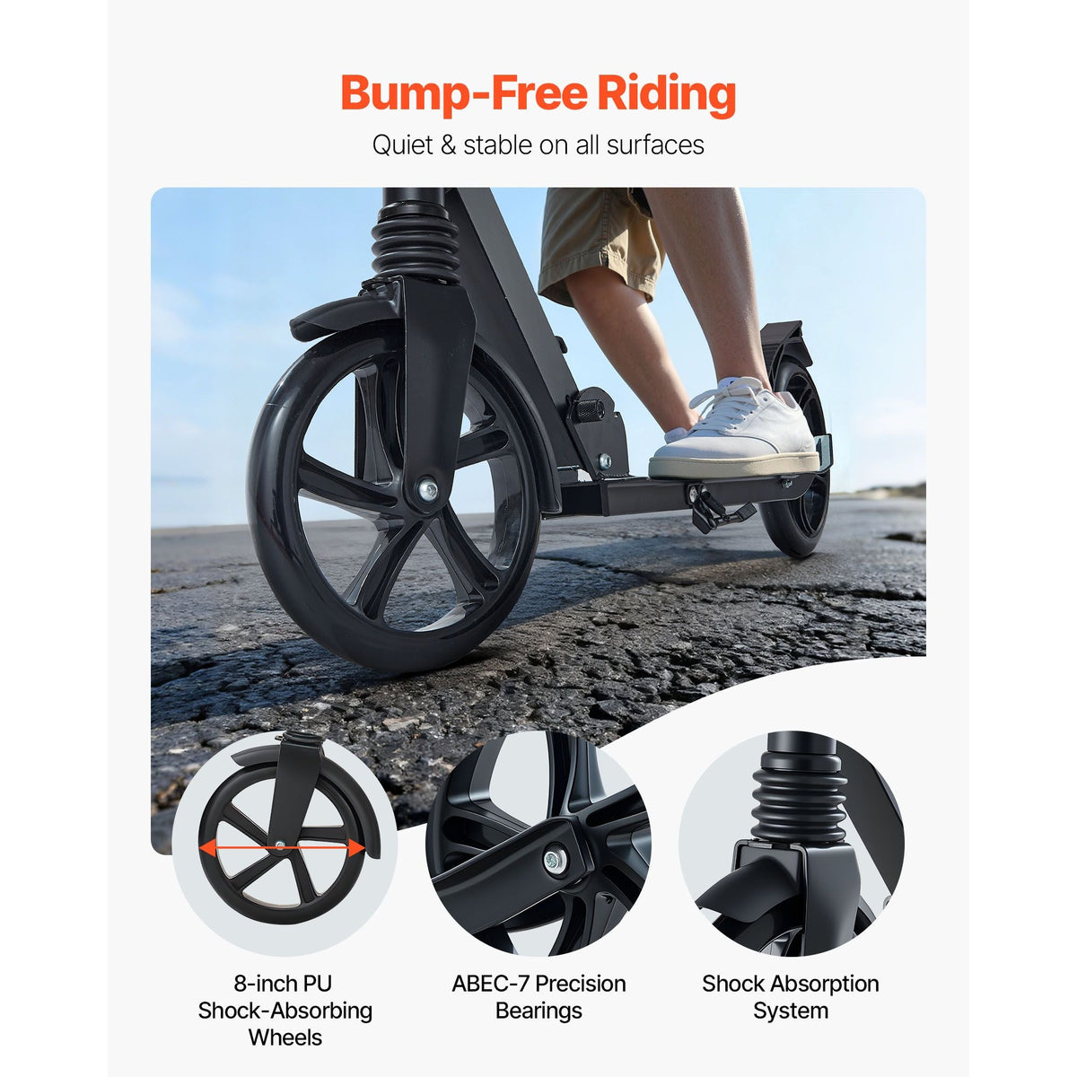 Kick Scooter for Kids Ages 8+, Teens & Adults, 2-Wheel Toddler Scooter with Adjustable Height Handlebar, Wide Anti-Slip Deck, Foldable Lightweight Frame for Boys & Girls up to 220 lbs, Black