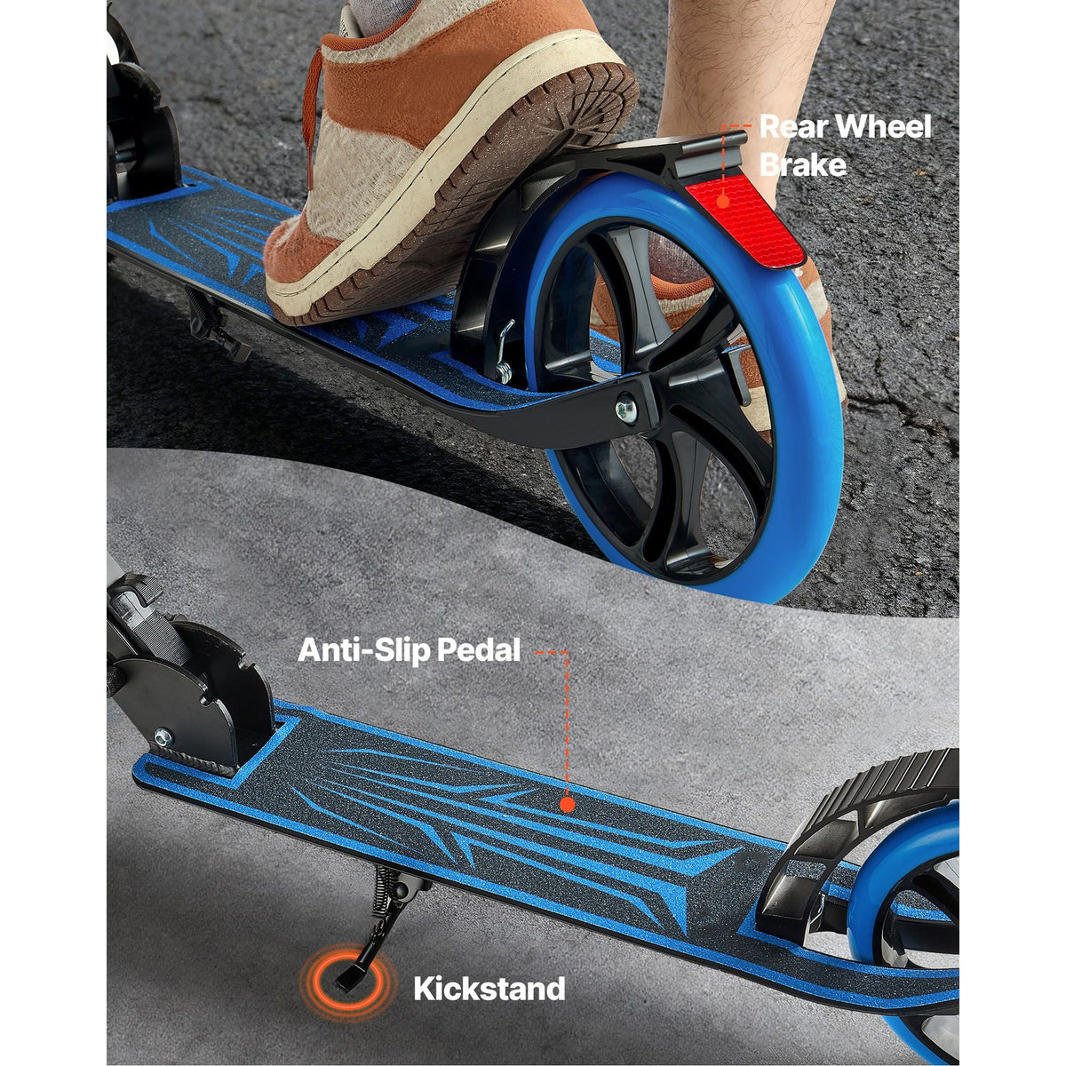 Kick Scooter for Kids Ages 8+, Teens & Adults, 2-Wheel Toddler Scooter with Adjustable Height Handlebar, Wide Anti-Slip Deck, Foldable Lightweight Frame for Boys & Girls up to 220 lbs, Blue