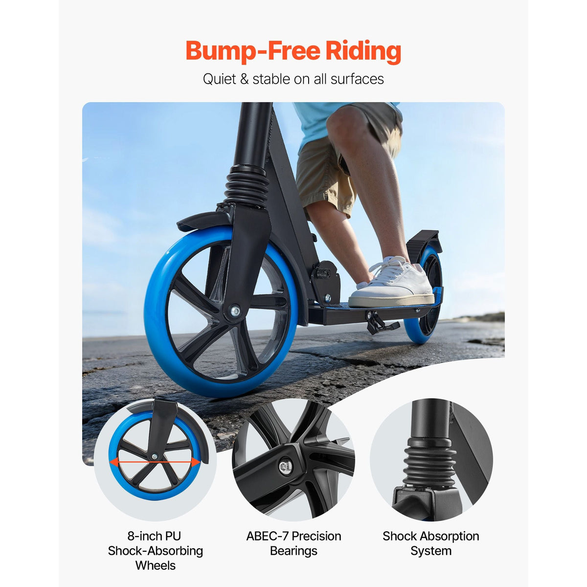 Kick Scooter for Kids Ages 8+, Teens & Adults, 2-Wheel Toddler Scooter with Adjustable Height Handlebar, Wide Anti-Slip Deck, Foldable Lightweight Frame for Boys & Girls up to 220 lbs, Blue