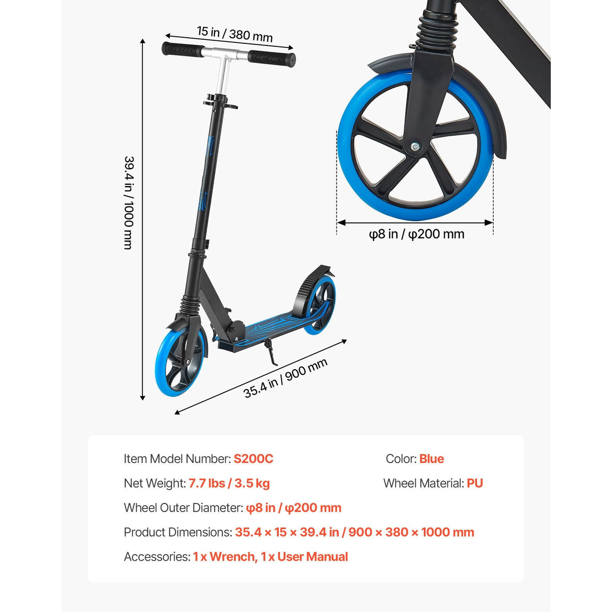 Kick Scooter for Kids Ages 8+, Teens & Adults, 2-Wheel Toddler Scooter with Adjustable Height Handlebar, Wide Anti-Slip Deck, Foldable Lightweight Frame for Boys & Girls up to 220 lbs, Blue