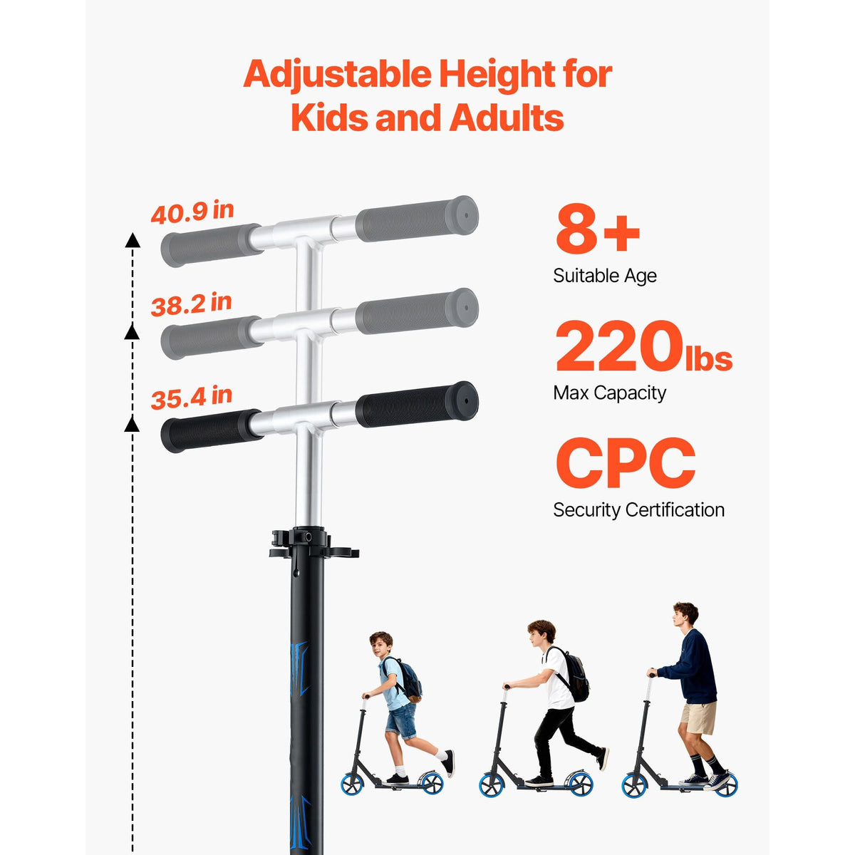 Kick Scooter for Kids Ages 8+, Teens & Adults, 2-Wheel Toddler Scooter with Adjustable Height Handlebar, Wide Anti-Slip Deck, Foldable Lightweight Frame for Boys & Girls up to 220 lbs, Blue