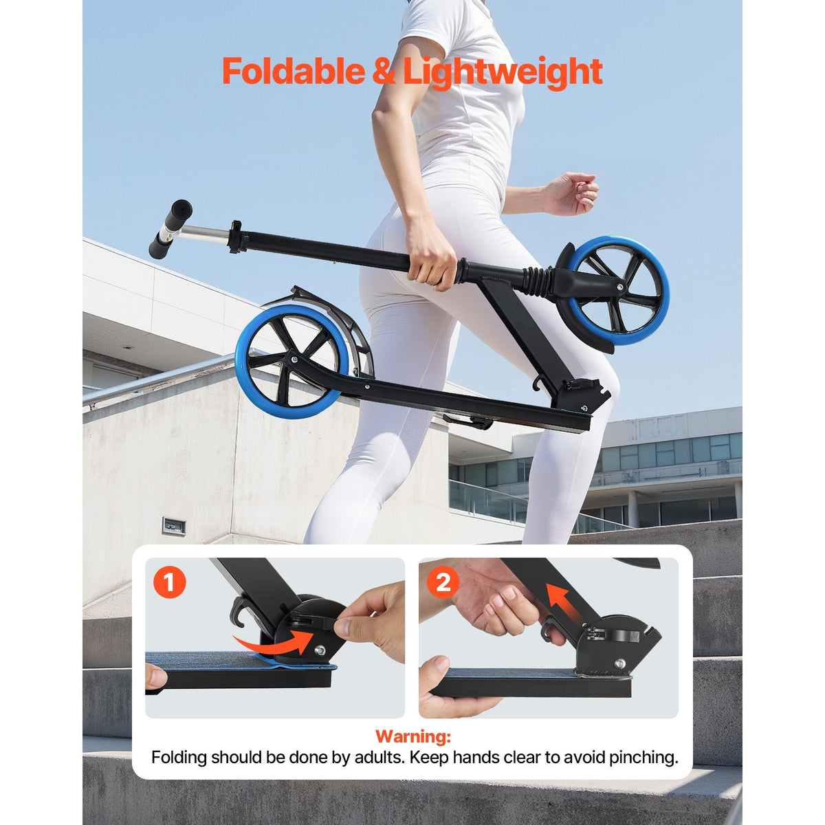 Kick Scooter for Kids Ages 8+, Teens & Adults, 2-Wheel Toddler Scooter with Adjustable Height Handlebar, Wide Anti-Slip Deck, Foldable Lightweight Frame for Boys & Girls up to 220 lbs, Blue