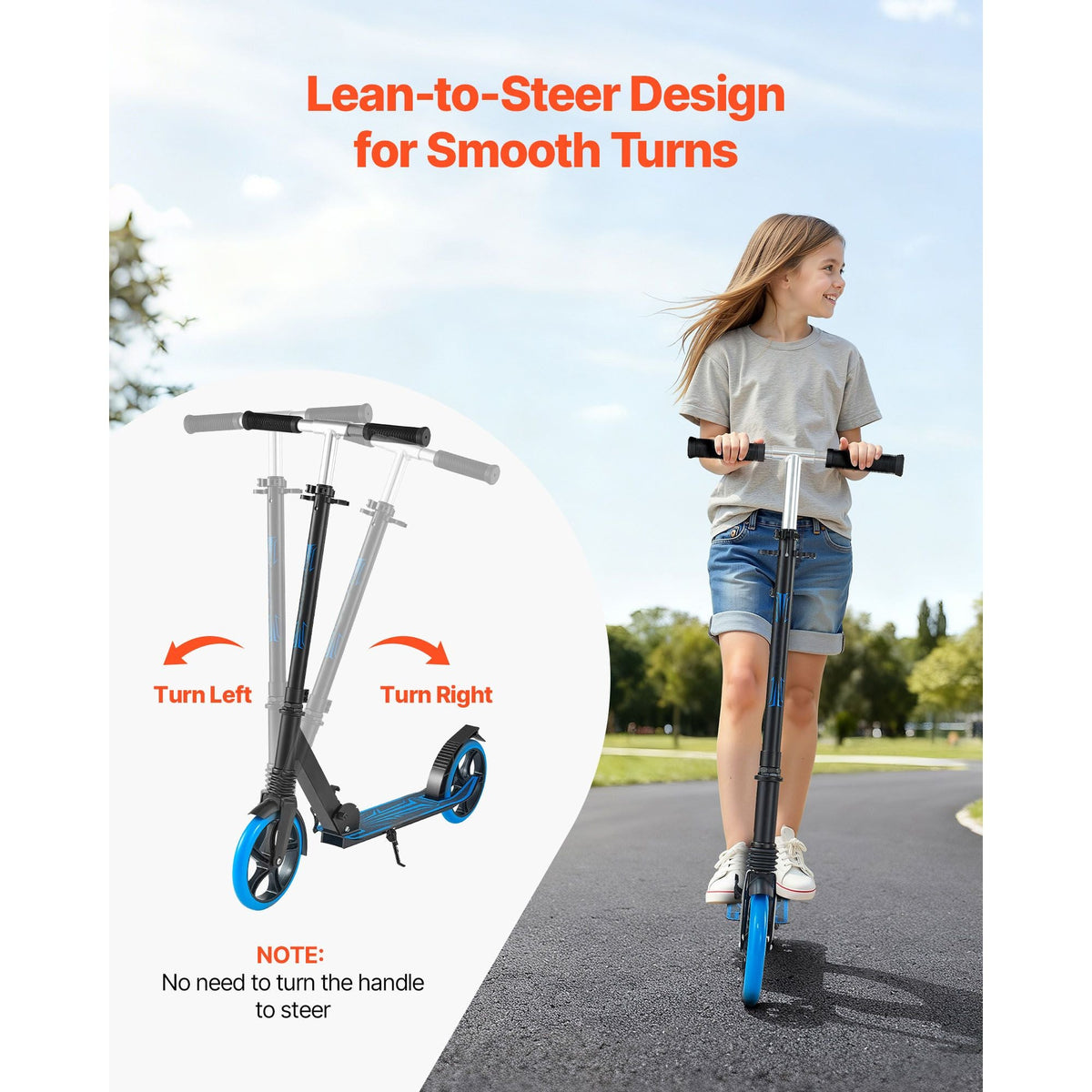 Kick Scooter for Kids Ages 8+, Teens & Adults, 2-Wheel Toddler Scooter with Adjustable Height Handlebar, Wide Anti-Slip Deck, Foldable Lightweight Frame for Boys & Girls up to 220 lbs, Blue