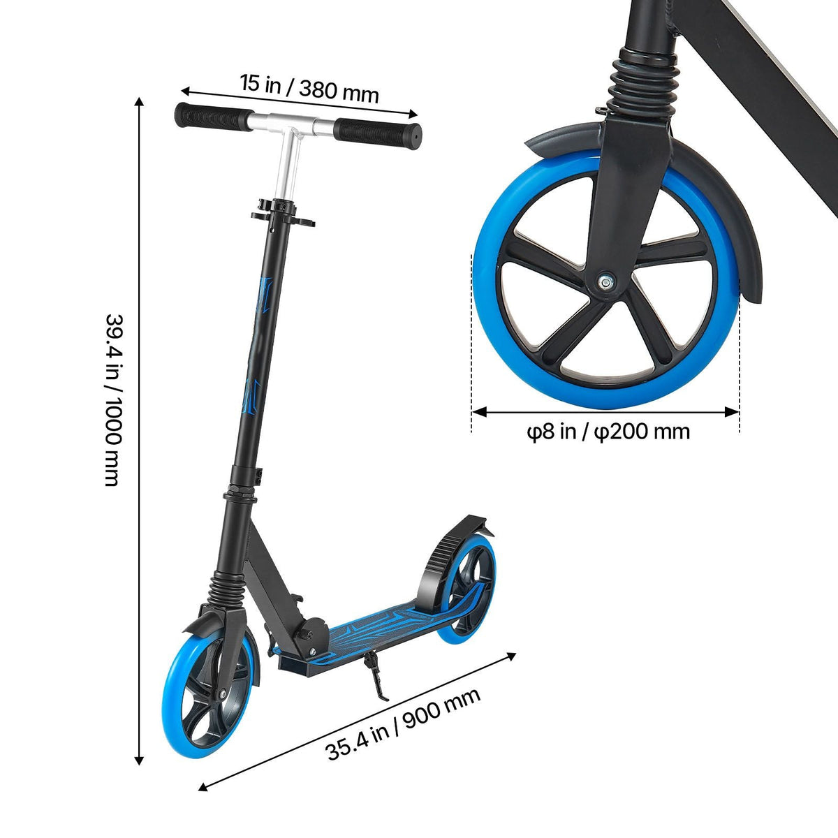 Kick Scooter for Kids Ages 8+, Teens & Adults, 2-Wheel Toddler Scooter with Adjustable Height Handlebar, Wide Anti-Slip Deck, Foldable Lightweight Frame for Boys & Girls up to 220 lbs, Blue