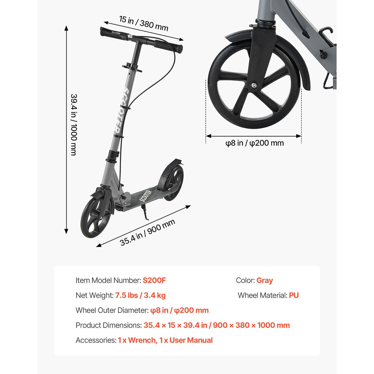 Kick Scooter for Kids Ages 8+, Teens & Adults, 2-Wheel Toddler Scooter with Adjustable Height Handlebar, Wide Anti-Slip Deck, Foldable Lightweight Frame for Boys & Girls up to 220 lbs, Gray