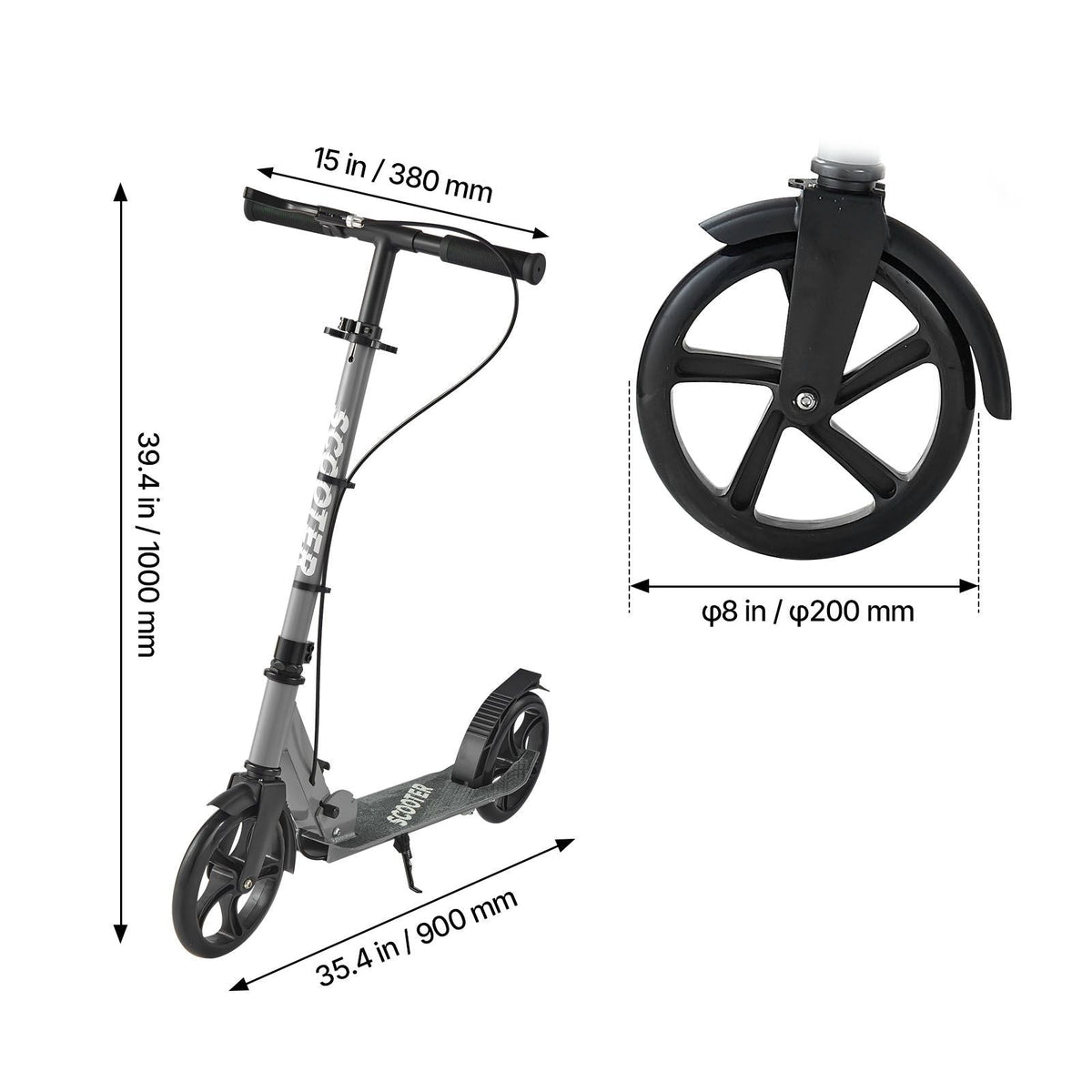 Kick Scooter for Kids Ages 8+, Teens & Adults, 2-Wheel Toddler Scooter with Adjustable Height Handlebar, Wide Anti-Slip Deck, Foldable Lightweight Frame for Boys & Girls up to 220 lbs, Gray