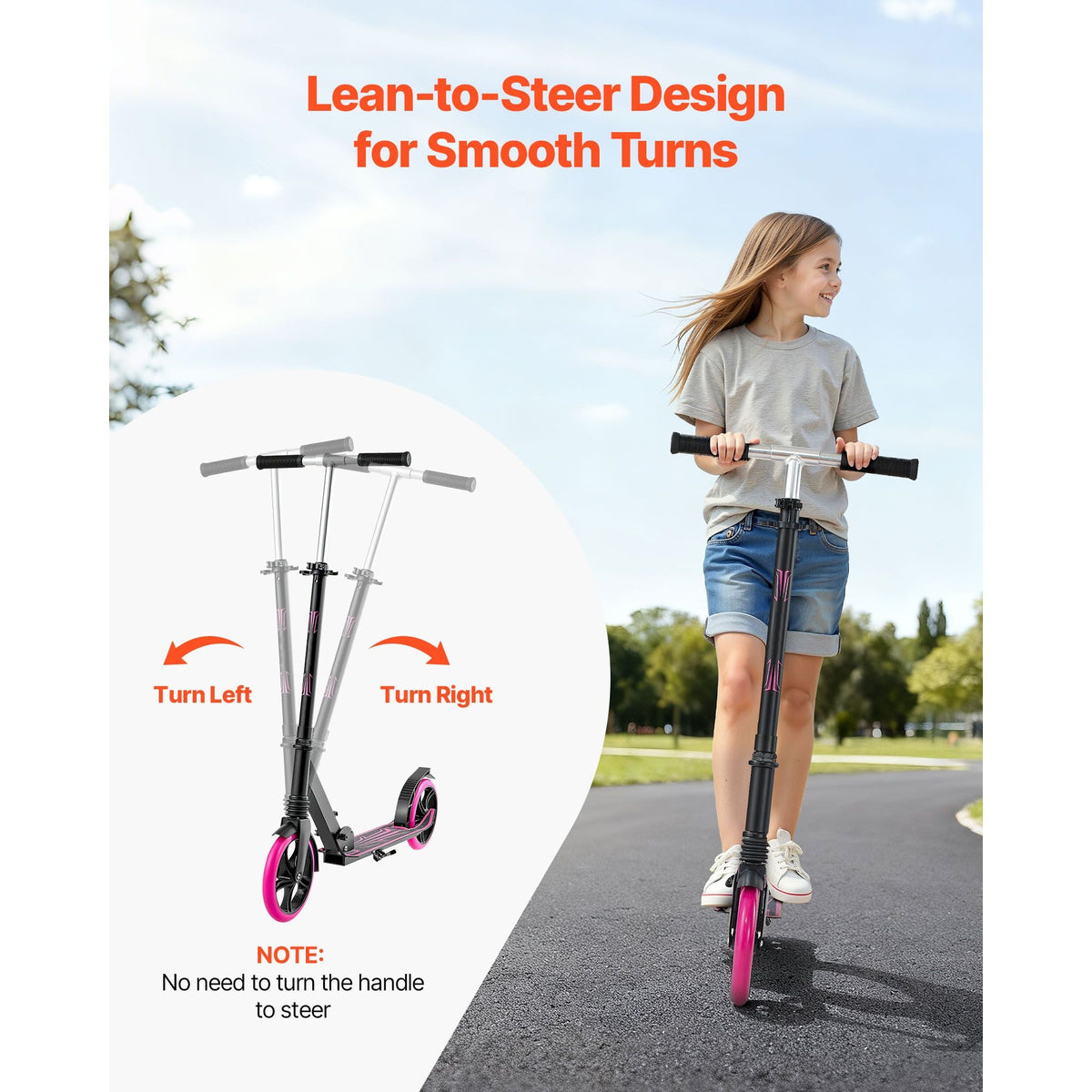Kick Scooter for Kids Ages 8+, Teens & Adults, 2-Wheel Toddler Scooter with Adjustable Height Handlebar, Wide Anti-Slip Deck, Foldable Lightweight Frame for Boys & Girls up to 220 lbs, Pink