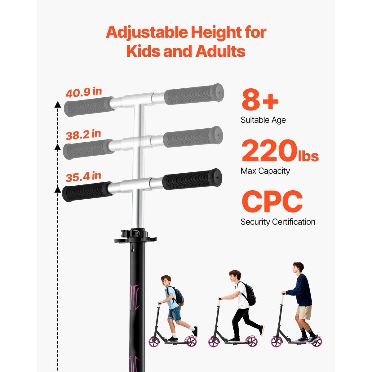 Kick Scooter for Kids Ages 8+, Teens & Adults, 2-Wheel Toddler Scooter with Adjustable Height Handlebar, Wide Anti-Slip Deck, Foldable Lightweight Frame for Boys & Girls up to 220 lbs, Pink